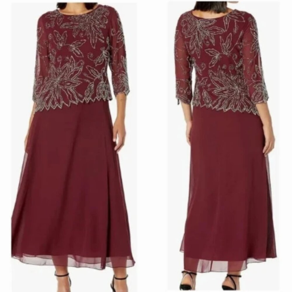 NWT J Kara Womens 3/4 Floral Beaded Pop Over Gown, 14